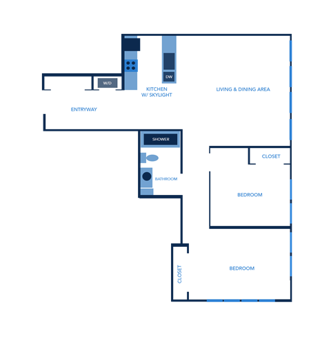 Floor plan for 2 beds, 1 bath, 966 sqft